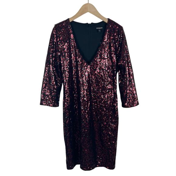 NWT Express Red and Black Sequin 3/4 Sleeve V-Neck Mini Dress Size 4 - Picture 2 of 7